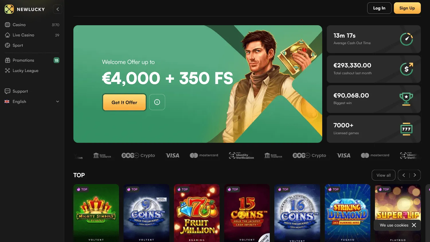 Newlucky Casino desktop homepage with the casino offer and account options
