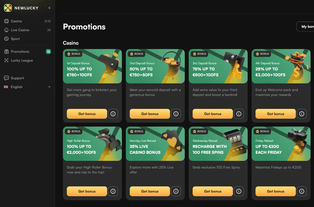 Newlucky Casino desktop promotions area with welcome and ongoing offers
