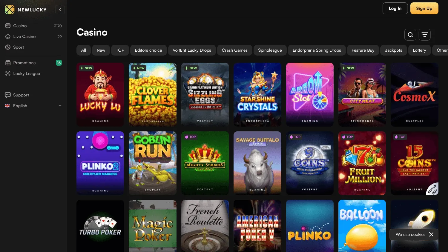 Newlucky Casino desktop games lobby with casino categories and game choices